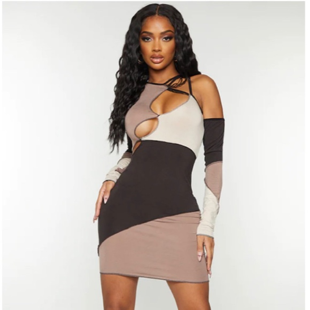 Shape Stone Panel Cut Out Overlock Seam Detail Bodycon Dress